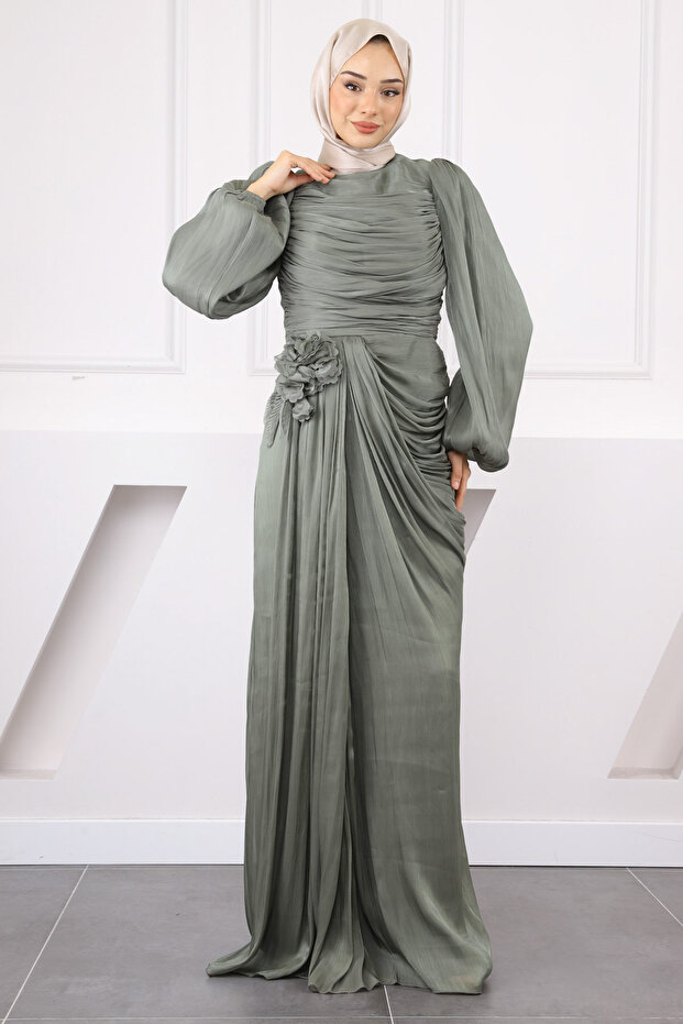 Haki Önü Drapeli Gül Detaylı Abiye - 2