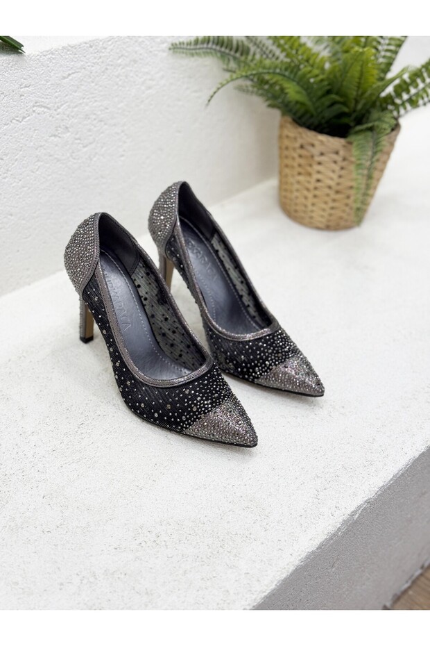 25Y4898 Stone Tul Detail 9cm Thin Heel Stiletto Shoes Women