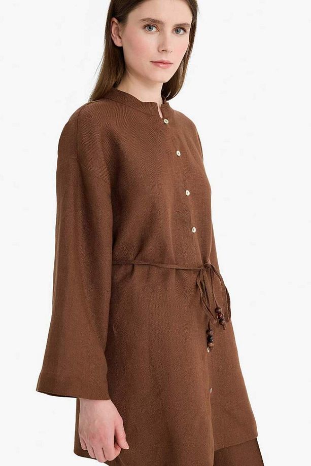 %100 Keten Regular Fit Bağcıklı Uzun Kollu Tesettür Gömlek Tunik D4394ax25sm - 3