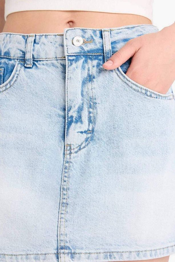 Yeni Sezon Yüksek Bel Yıkamalı Cepli Jean Şort Etek - 5