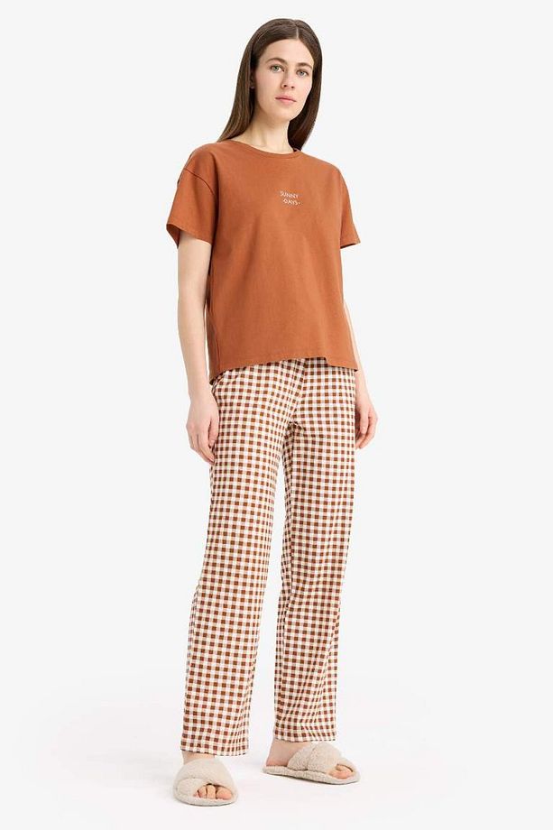 Yeni Sezon Pijama Takımı Kısa Kollu Pijama Üstü Esnek Belli Uzun Kareli Pijama - 3