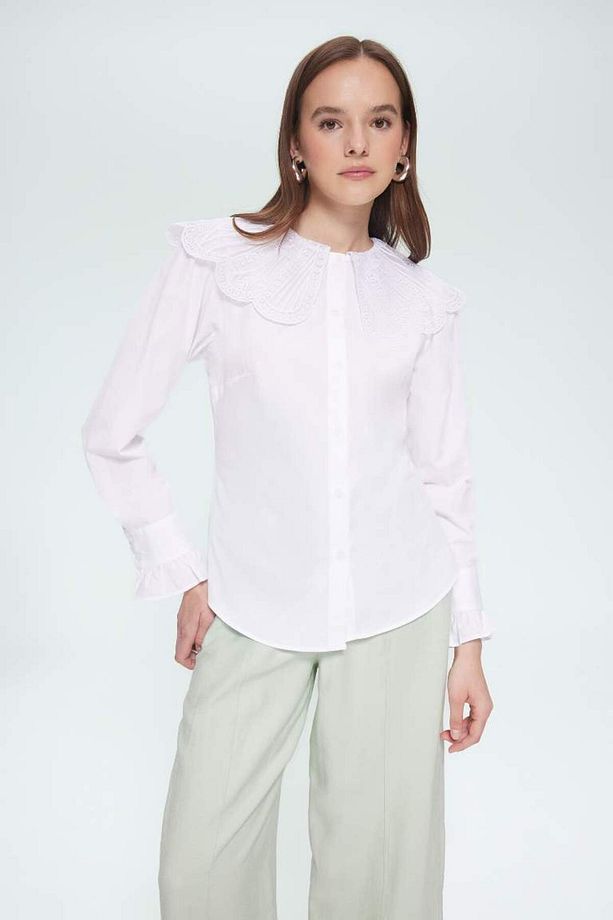 Yeni Sezon Regular Fit Geniş Yakalı Poplin Uzun Kollu Gömlek Tunik - 3