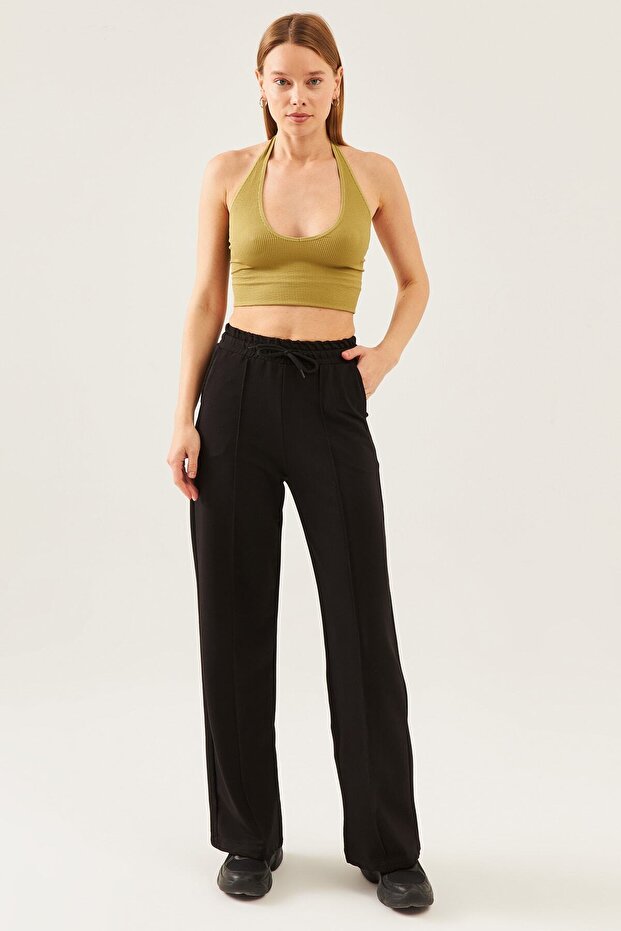 Women's Black High Waist Drawstring Wide Leg Sweatpants