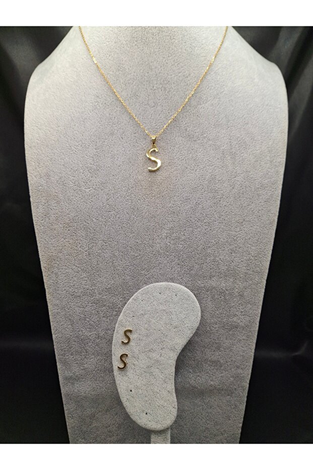 Gold Color Steel Letter S Necklace and Earring Set
