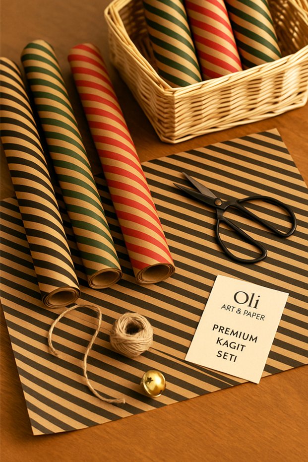 Gift Paper Bias Line 3 Colors Green-Red-Black Color on Kraft 30 Pieces 30 Meters Jute Twine