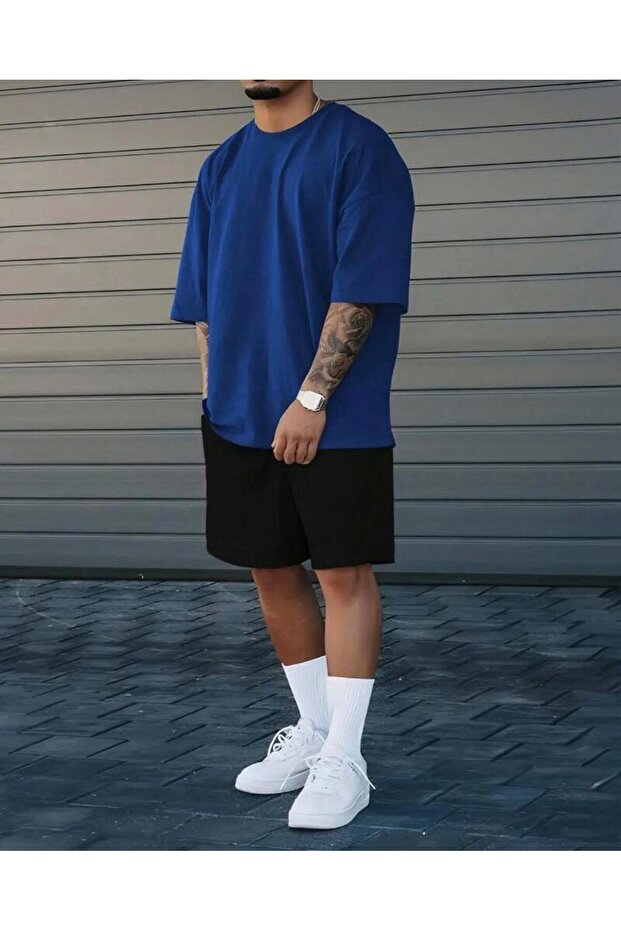 Unprinted Oversize Mold Blue T-Shirt and Black Shorts Two-Piece Set Unisex