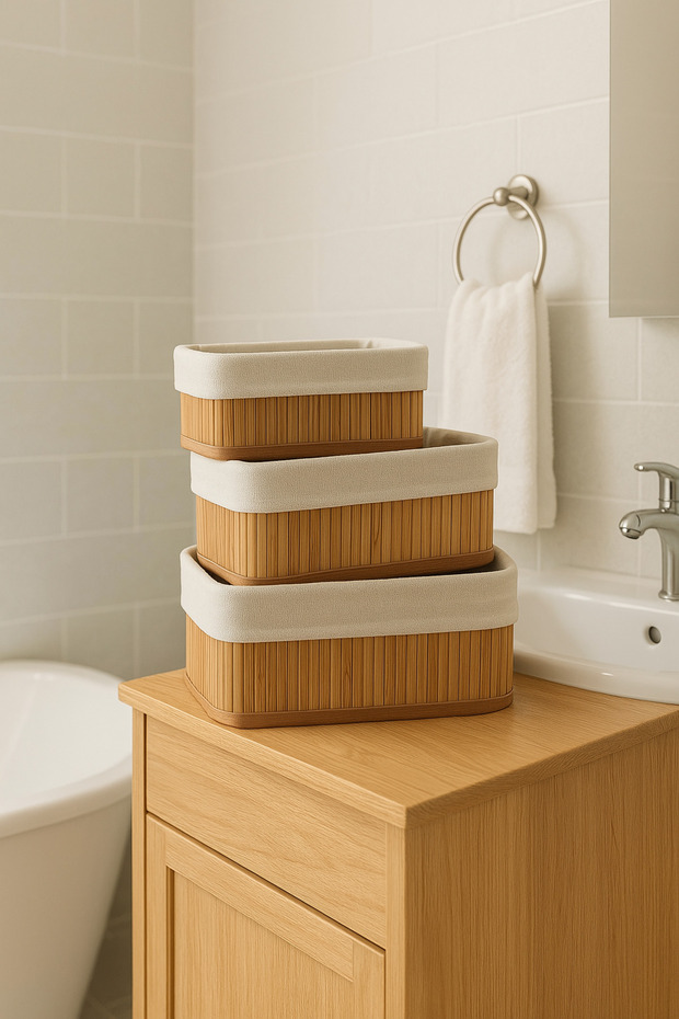 سلة مستطيلة متعددة الأغراض من الخيزران مكونة من 3 قطع - 2