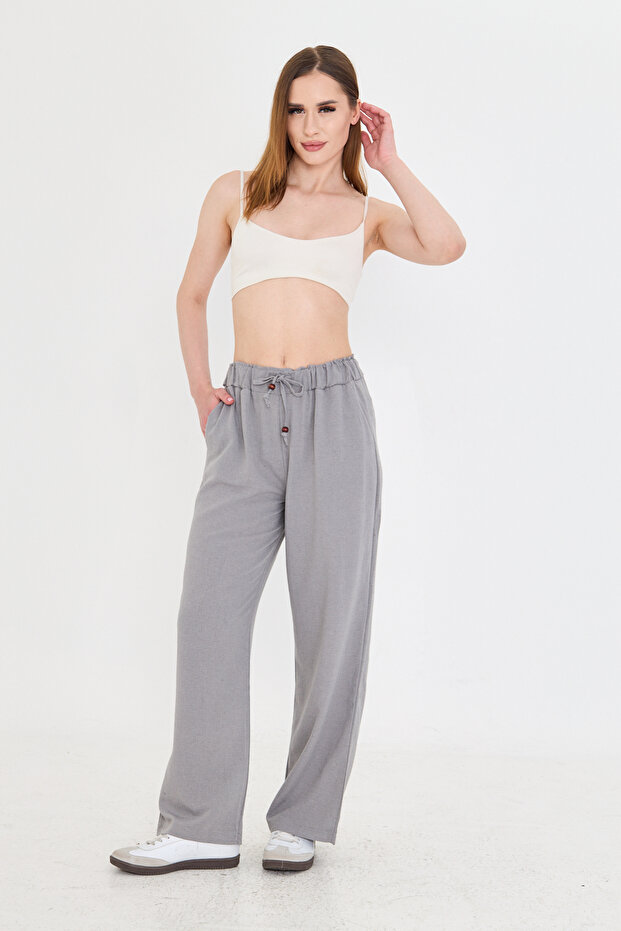 Gray Linen Wide Leg Trousers