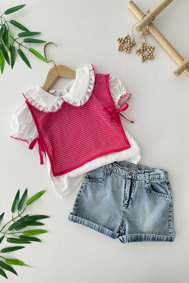 Miniğimin Cicileri Ayrobin Shirt Mesh Accessory Vest Girl's 3 Piece Set - Pink