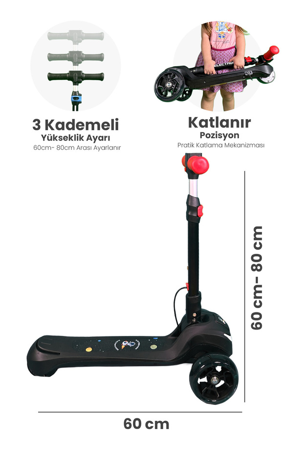 S3 Katlanabilir Elektrikli Çocuk Scooter – Bluetooth Müzik, LED Işıklı, 3 Teker - 3