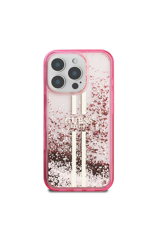 Apple iPhone 16 Pro Max Kılıf Guess Lisanslı Transparan Sıvılı Simli Altın Çizgili Kapak Pembe - 2