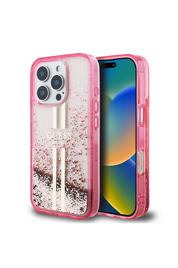 Apple iPhone 16 Pro Max Kılıf Guess Lisanslı Transparan Sıvılı Simli Altın Çizgili Kapak Pembe - 1