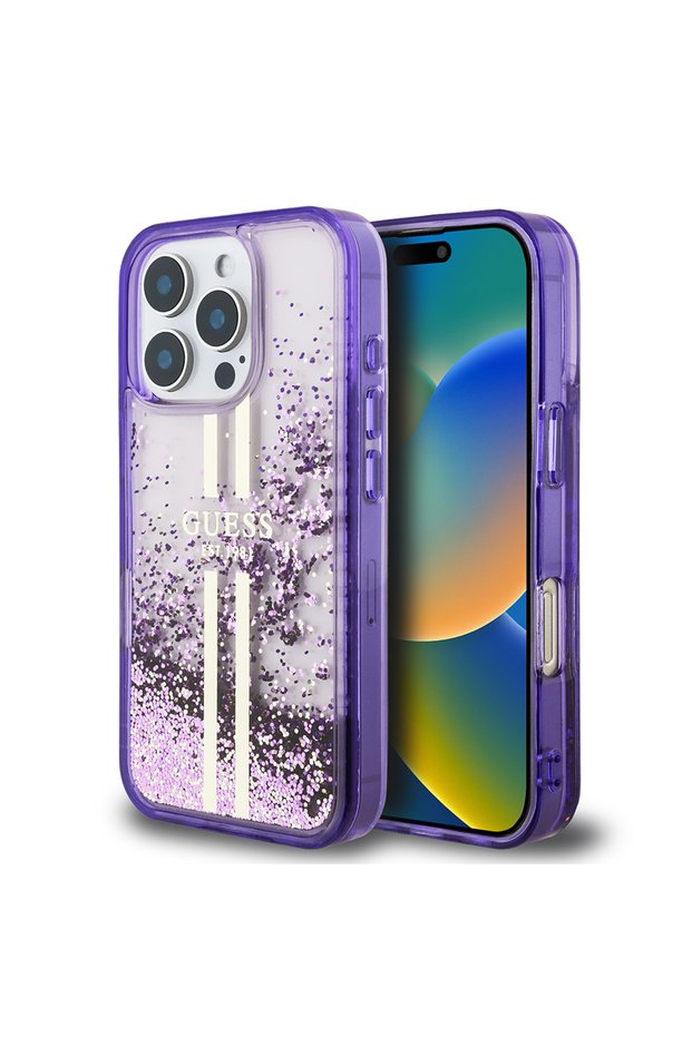 Apple iPhone 16 Pro Max Case Guess Licensed Transparent Liquid Glitter Gold Striped Cover Purple