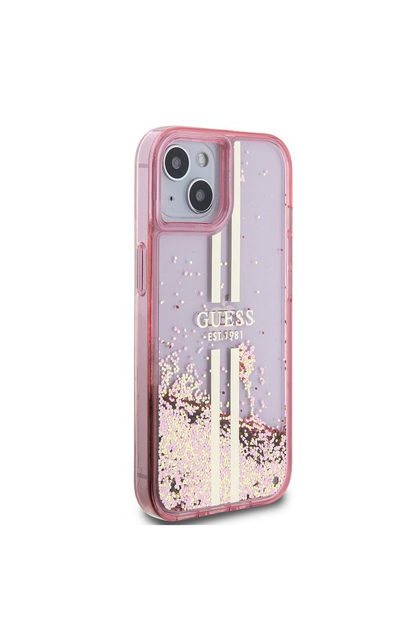 Apple iPhone 14 Kılıf Guess Lisanslı Transparan Sıvılı Simli Altın Çizgili Kapak Pembe - 3