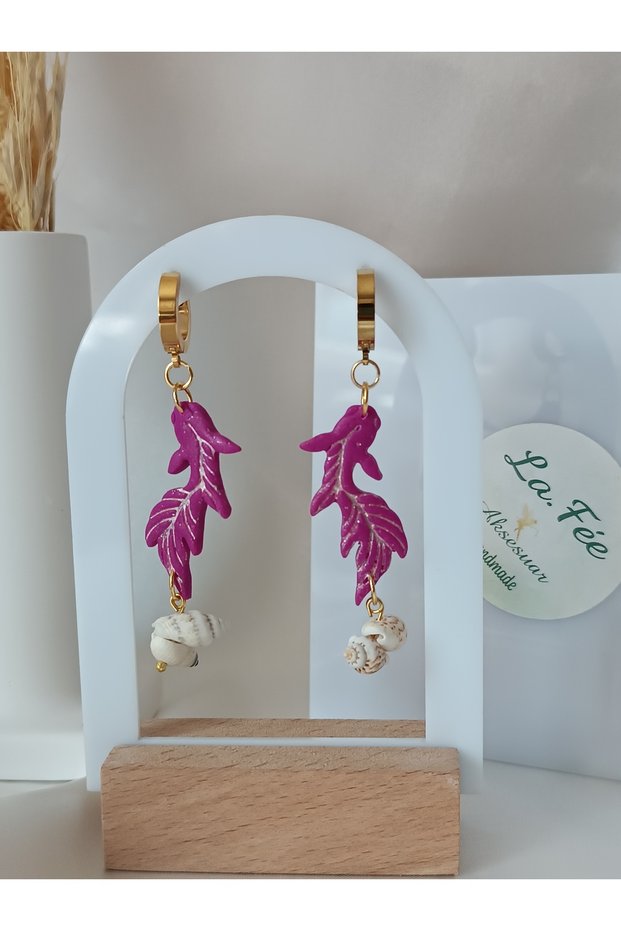 Special Design Plum Color Koi Fish with Steel Earrings Handmade Polymer Clay Women's Earrings Seashell Detail