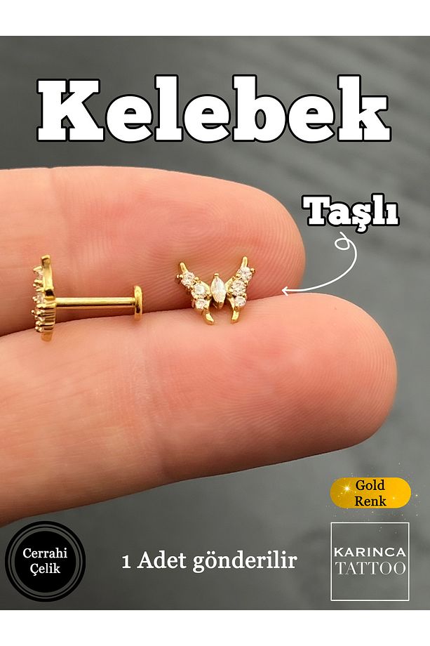Kelebek Taşlı Tragus Piercing Forward Helix Flat Conch Cerrahi Çelik Piercing Küpe - 4