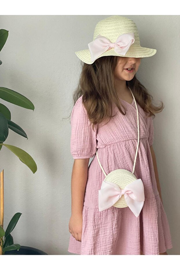 Pink Children's Bag Straw Children's Hat Set 2 Li