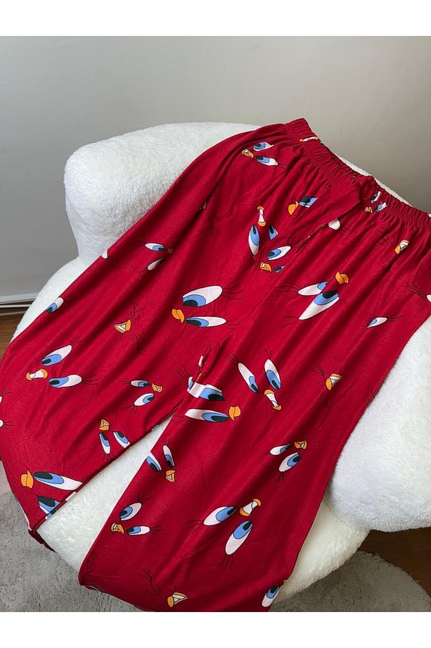 Kadın Kırmızı Tweety Desenli Süet Tek Alt Pijama Yumoş Uzun Pijama Altı - 6