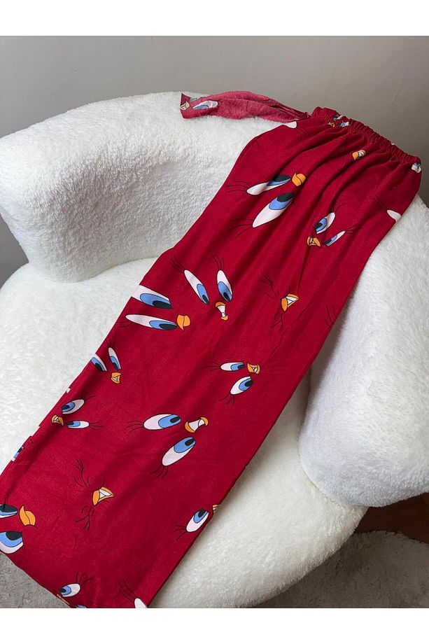 Kadın Kırmızı Tweety Desenli Süet Tek Alt Pijama Yumoş Uzun Pijama Altı - 2