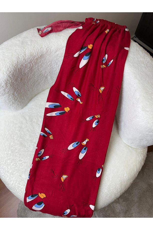Kadın Kırmızı Tweety Desenli Süet Tek Alt Pijama Yumoş Uzun Pijama Altı - 3