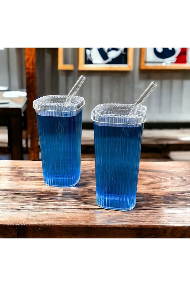2 Adet Kare Mika (Cam Değildir) Kapaklı Pipetli Pinterest Bardak Soğuk Kahve Meşrubat Bardağı - 3