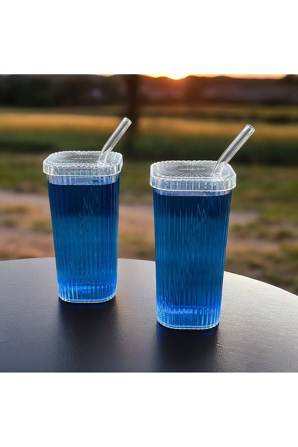2 Adet Kare Mika (Cam Değildir) Kapaklı Pipetli Pinterest Bardak Soğuk Kahve Meşrubat Bardağı - 1