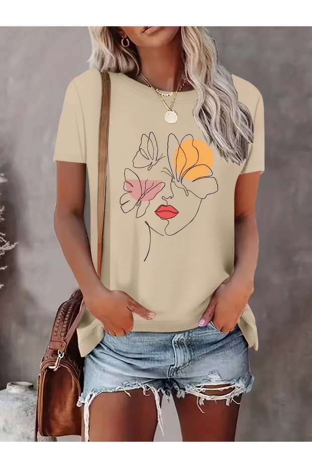 Women's Figure and Butterfly Printed T-Shirt Oversize Casual