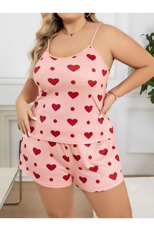 Büyük Beden Kalp Desenli Pembe Askılı Penye Şortlu Pijama Takımı - 3