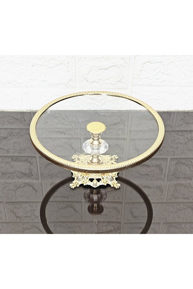 Glass Round Small Serving Plate 20 cm - Presentation Cast Gold Frame and Cast Foot