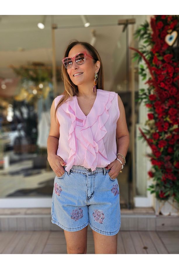 Pembe Çiçekli Denim Şort - 2