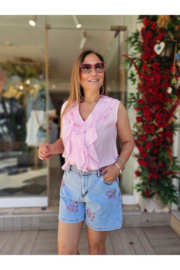 Pembe Çiçekli Denim Şort - 1