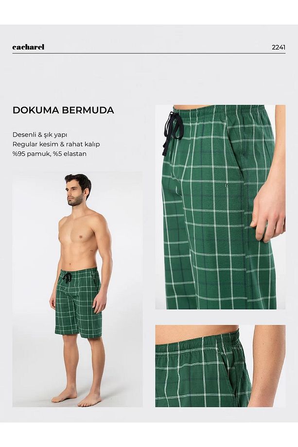 Erkek Ekoseli Cepli Dokuma Bermuda Şort, %95 pamuk %5 likra - 4