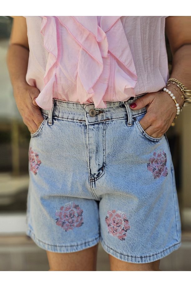 Pembe Çiçekli Denim Şort - 5