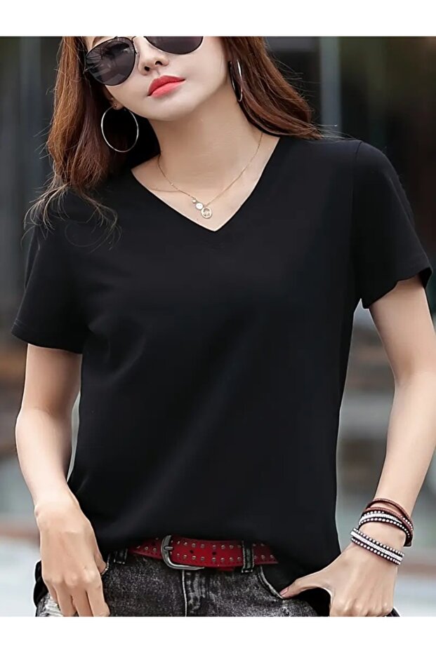 Women's Black V-Neck T-Shirt Summer Regular Fit Basic Plain Print-Free Casual Stylish Loose T-Shirt