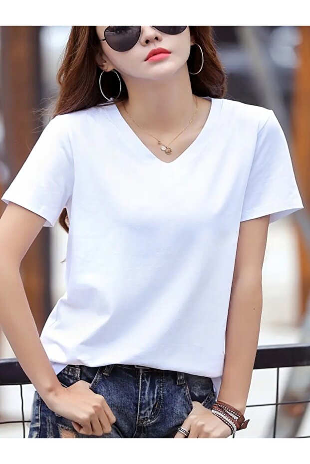 Women's White V-Neck T-Shirt Summer Regular Fit Basic Plain Printless Casual Stylish Loose T-Shirt
