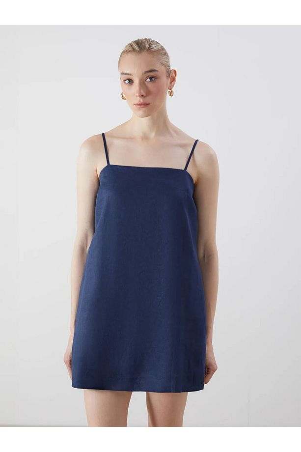 LCW Vision Indigo Kare Yaka Keten Mini Elbise - 2