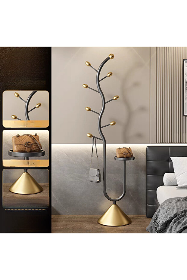 Modern tree branch design clothes rack with gold base and side table - 3