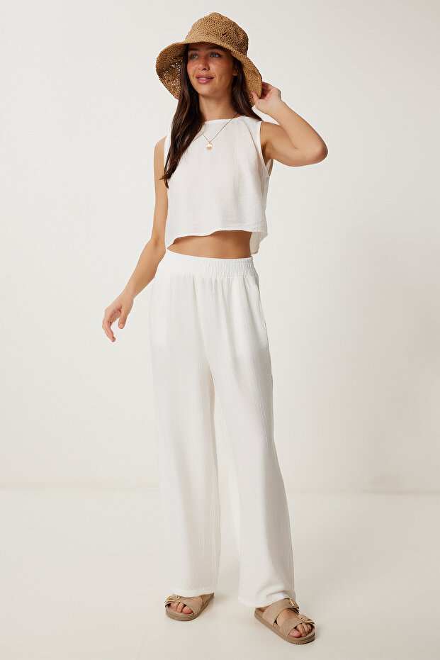 Tie Detailed Blouse Trousers Set Ecru Lrv0104