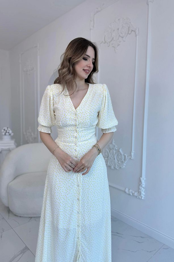 Sarı Bel ve Kol Ucu Gipeli Elbise - 2