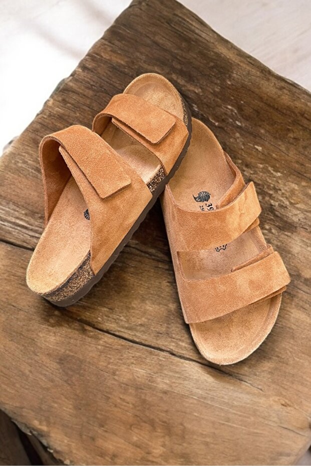 Unisex Genuine Suede Leather, Natural Cork Sole, Arch Support, Adjustable Velcro Slippers