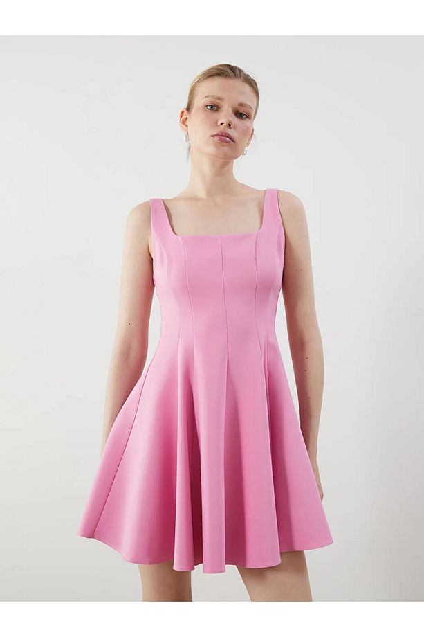 LCW Vision Pembe Kare Yaka Peplum Mini Elbise - 2
