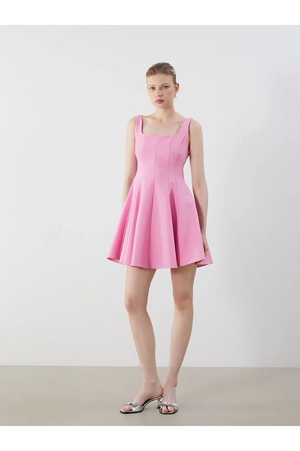 LCW Vision Pembe Kare Yaka Peplum Mini Elbise - 1