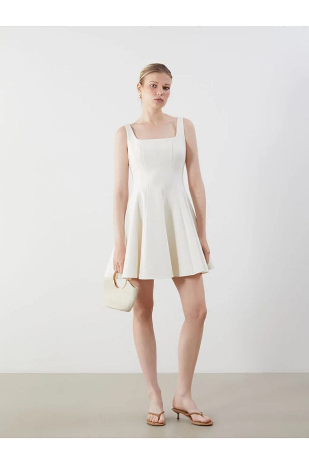 LCW Vision Ekru Kare Yaka Peplum Mini Elbise - 1