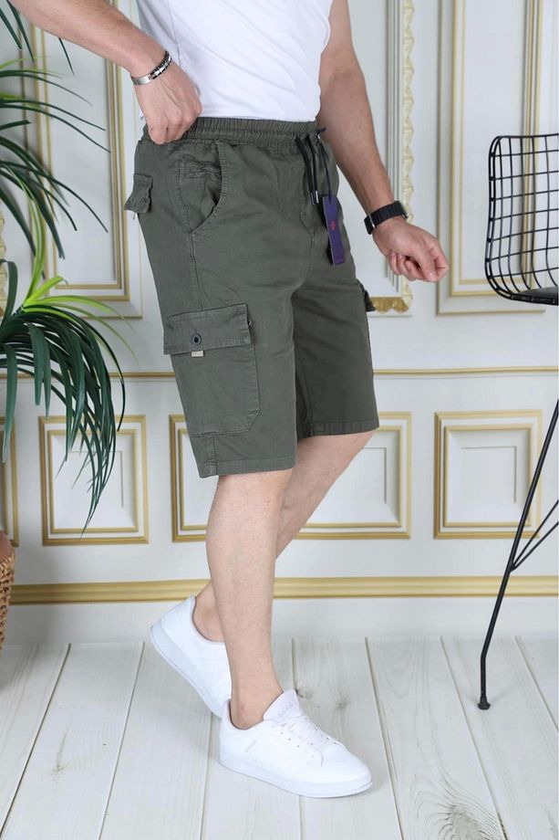 Erkek Haki Likralı Gabardin Şort Kargo Cepli Pamuklu Beli Lastikli Bağcıklı Basic Şort - 4