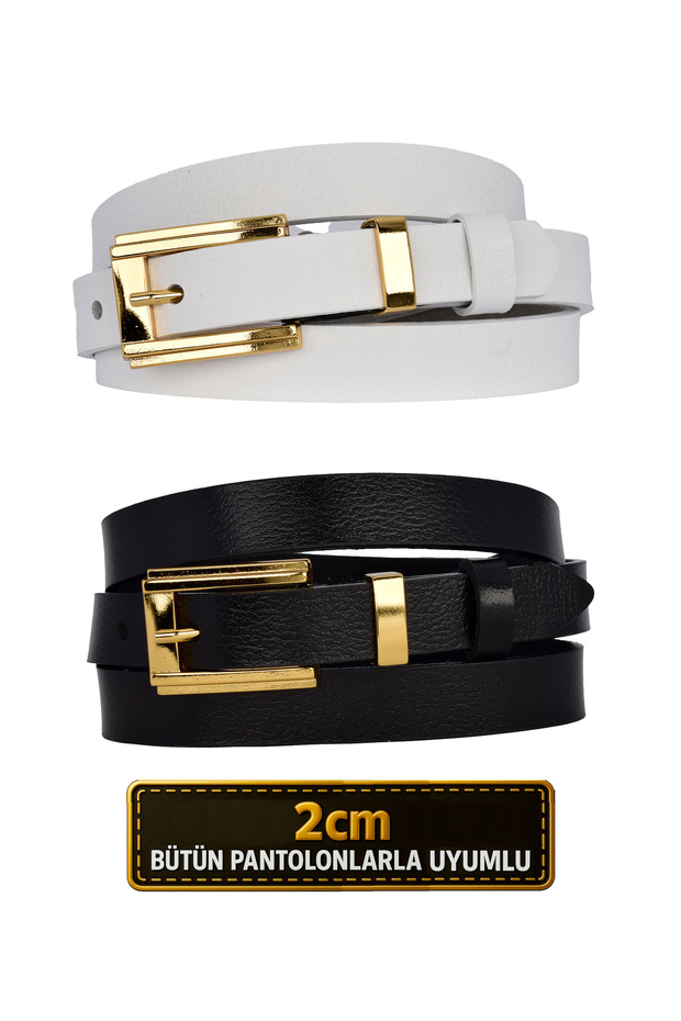 100% Genuine Leather Set of 2 Gold Color Set Buckle 2cm Women's Belt White, Black_ Big_Gold