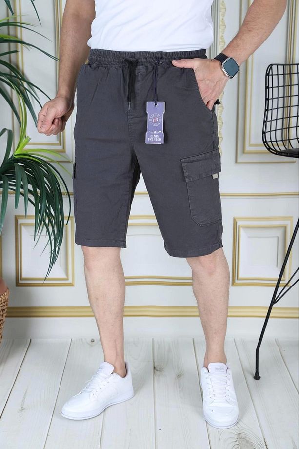 Erkek Füme Likralı Gabardin Şort Kargo Cepli Pamuklu Beli Lastikli Bağcıklı Basic Şort - 3