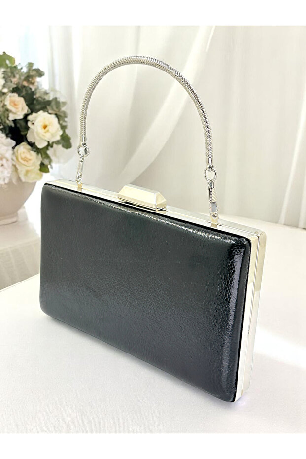 New Model Black Color Shiny Patterned Chain Strap Handle Women's Evening Dress Bag