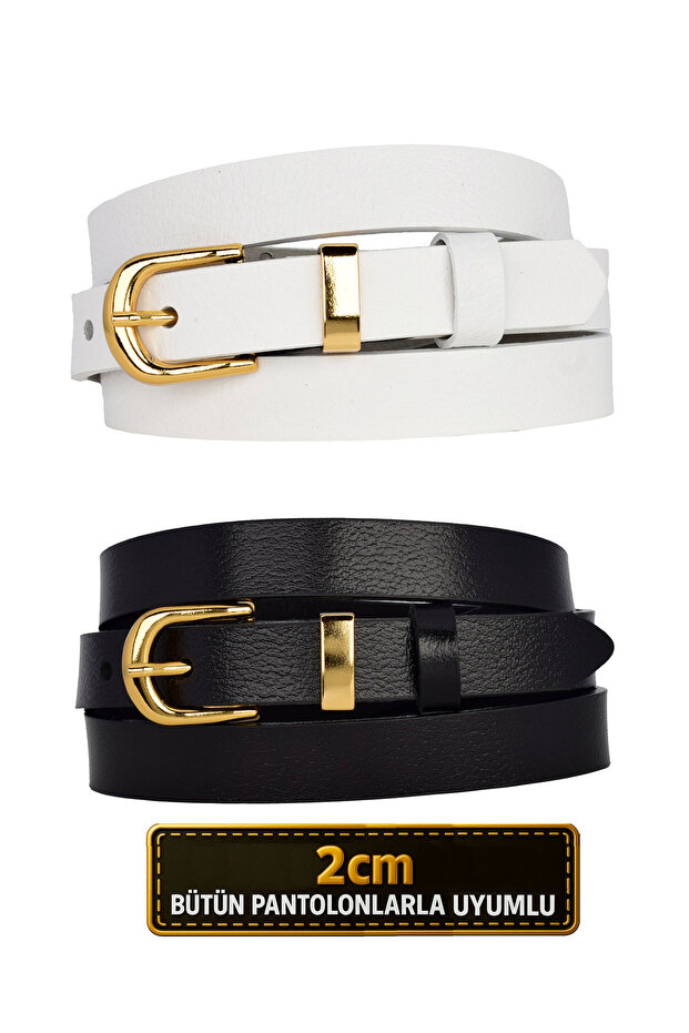 100% Genuine Leather Set of 2 Gold Color Set Buckle 2cm Women's Belt White, Black_ Nor.Düz_Gold