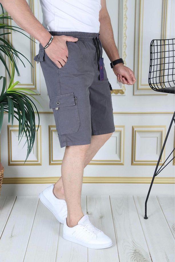 Erkek Gri Likralı Gabardin Şort Kargo Cepli Pamuklu Beli Lastikli Bağcıklı Basic Şort - 4