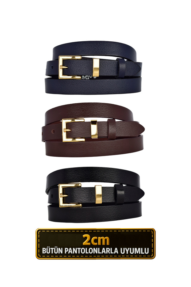 100% Genuine Leather Set of 3 Gold Color Suit Buckle 2cm Women's Belt Black, Dark Brown, Laci_Kare_Gold